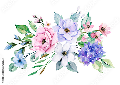 Fototapeta Naklejka Na Ścianę i Meble -  Watercolor flowers, pink and violet peonies. Floral clip art. Perfectly for printing design on invitations, greeting cards, wall art and other. Isolated on white background. Hand painted.