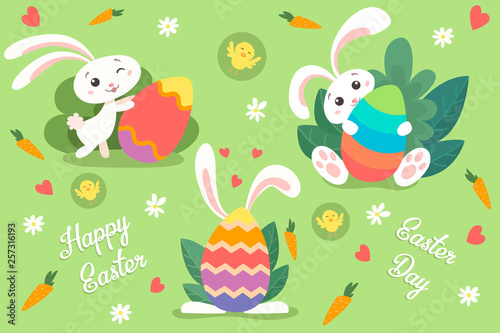 Cute white bunnies on green background with floral elements and eggs, Vector illustration for your design