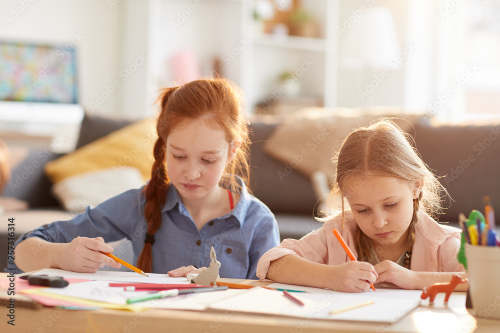 Portrait of two sisters drawing pictures together sitting at table at home lit by warm sunlight, copy space Portrait of two sisters drawing pictures together sitting at table at home lit by warm sunlight, copy space