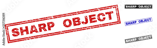 Grunge SHARP OBJECT rectangle stamp seals isolated on a white background. Rectangular seals with distress texture in red, blue, black and grey colors.