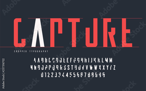 Cropped typography, set of uppercase letters and numbers, alphabet.