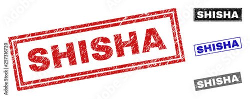 Grunge SHISHA rectangle stamp seals isolated on a white background. Rectangular seals with grunge texture in red, blue, black and grey colors.