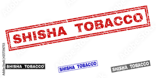 Grunge SHISHA TOBACCO rectangle stamp seals isolated on a white background. Rectangular seals with grunge texture in red, blue, black and grey colors.