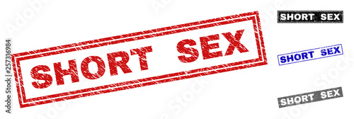 Grunge SHORT SEX rectangle stamp seals isolated on a white background. Rectangular seals with grunge texture in red, blue, black and grey colors.