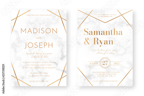 Wedding card design with golden frames and marble texture. Wedding announcement or invitation design template with geometric patterns and luxury background