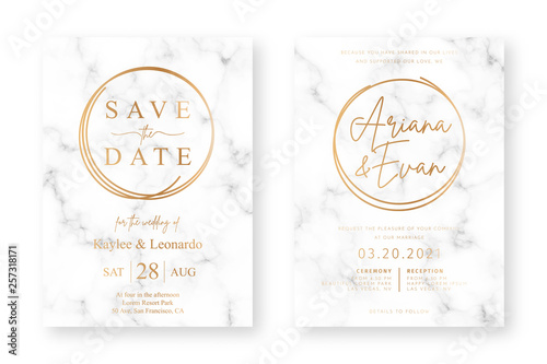 Wedding card design with golden frames and marble texture. Wedding announcement or invitation design template with geometric patterns and luxury background