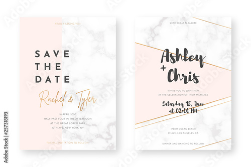 Wedding card design with golden frames and marble texture. Wedding announcement or invitation design template with geometric patterns and pink background