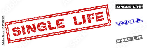 Grunge SINGLE LIFE rectangle stamp seals isolated on a white background. Rectangular seals with grunge texture in red, blue, black and gray colors.