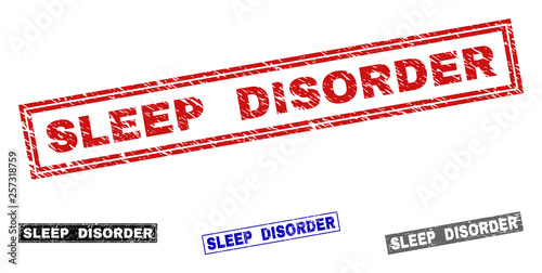 Grunge SLEEP DISORDER rectangle stamp seals isolated on a white background. Rectangular seals with grunge texture in red, blue, black and grey colors.