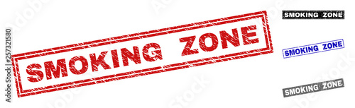 Grunge SMOKING ZONE rectangle stamp seals isolated on a white background. Rectangular seals with grunge texture in red, blue, black and grey colors.