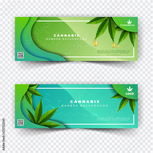 Banner plant and cannabis oil drop, bottle vector.