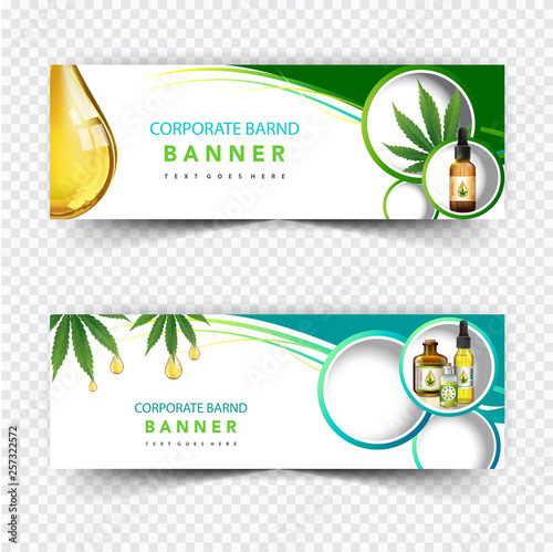 Banner plant and cannabis oil drop, bottle vector.