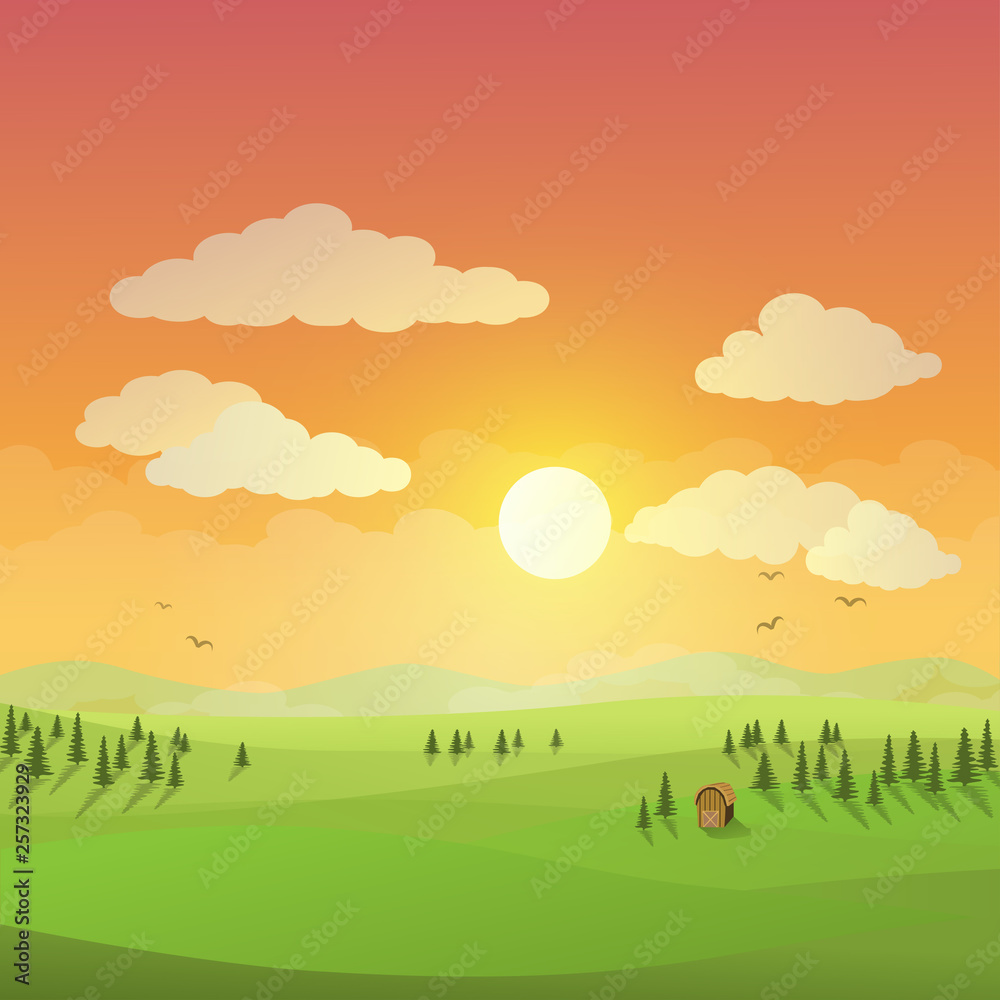 Beautiful natural scenery at sunset with trees and barn. Vector Illustration