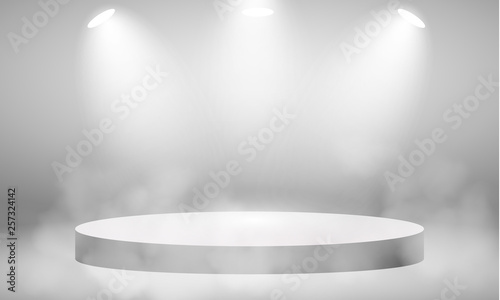 Round pedestal. Stage podium with lighting. Winner podium and Scene with for Award Ceremony concept. Stage backdrop on fog effect. vector Illustration