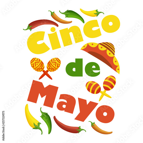 Cinco de Mayo colorful festive background with objects and symbols.