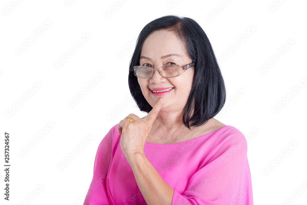 Happy asian senior woman smiling isolated over white background Happy asian senior woman smiling isolated over white background