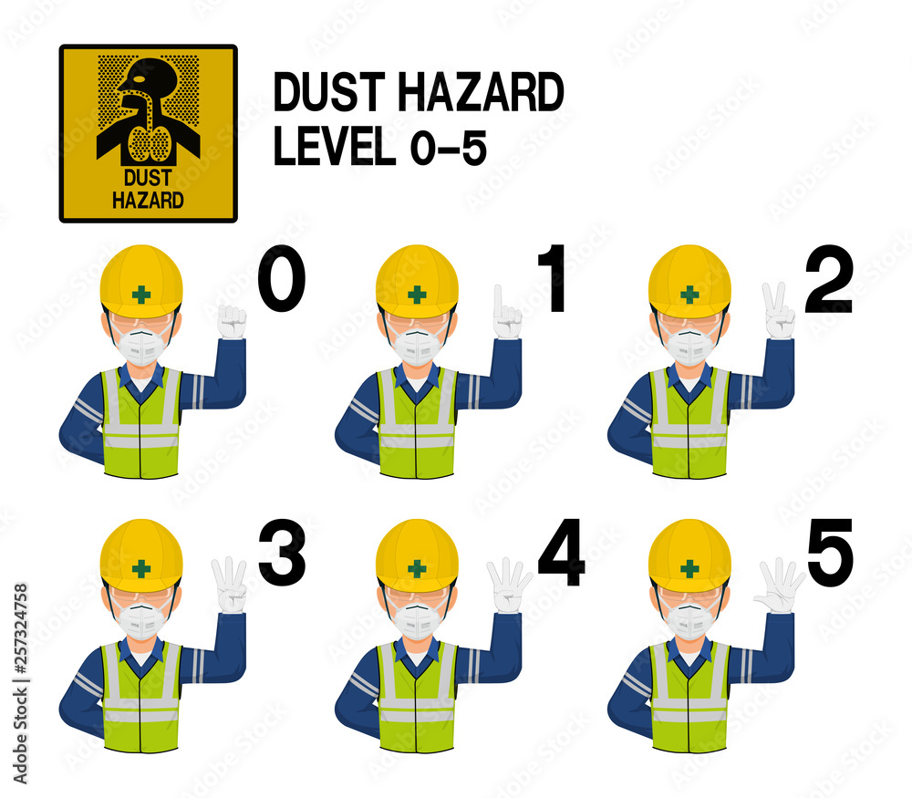 Set of industrial worker with dust mask is gesturing hand sign (0-5)