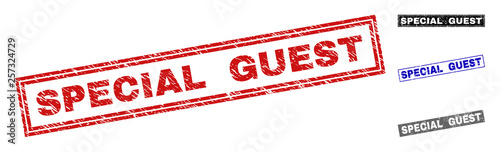 Grunge SPECIAL GUEST rectangle stamp seals isolated on a white background. Rectangular seals with distress texture in red, blue, black and gray colors.