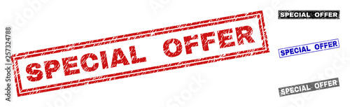 Grunge SPECIAL OFFER rectangle stamp seals isolated on a white background. Rectangular seals with grunge texture in red, blue, black and gray colors.