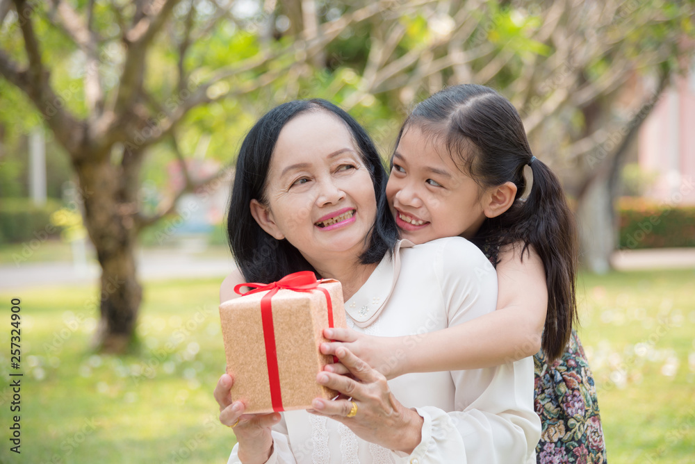 Asian granddaughter giving birthday gift for granddaughter in the garden.Happy Asian family conception. Asian granddaughter giving birthday gift for granddaughter in the garden.Happy Asian family conception.