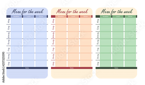 3 color menu options for the week. template for food diary. meal plan for the week vector