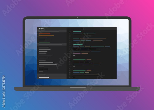 Web development, programming and coding software. Program command code interface on screen of laptop. Digital web industry. Big data processing. Vector flat illustration.