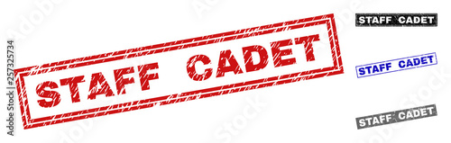 Grunge STAFF CADET rectangle stamp seals isolated on a white background. Rectangular seals with grunge texture in red, blue, black and grey colors.