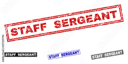 Grunge STAFF SERGEANT rectangle stamp seals isolated on a white background. Rectangular seals with distress texture in red, blue, black and grey colors.