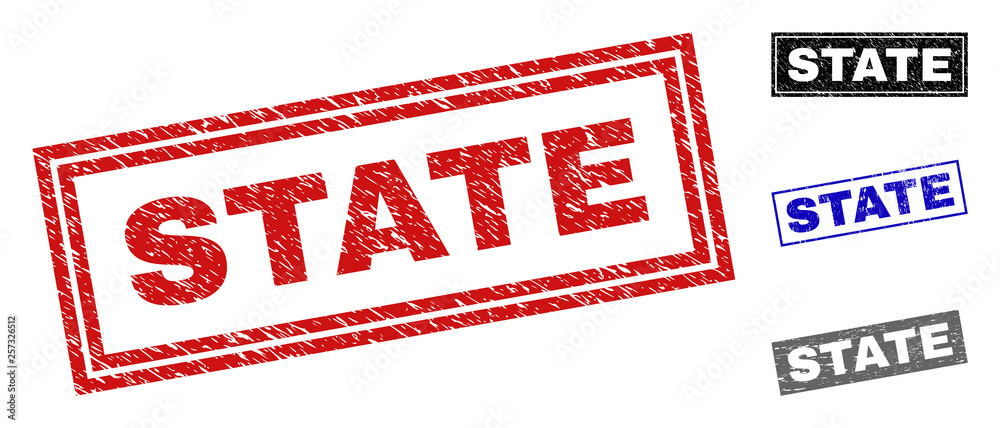 Grunge STATE rectangle stamp seals isolated on a white background. Rectangular seals with grunge texture in red, blue, black and gray colors. Grunge STATE rectangle stamp seals isolated on a white background. Rectangular seals with grunge texture in red, blue, black and gray colors.