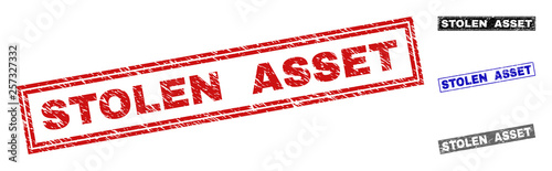 Grunge STOLEN ASSET rectangle stamp seals isolated on a white background. Rectangular seals with grunge texture in red, blue, black and gray colors.