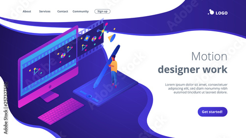 Motion graphic design isometric 3D landing page.