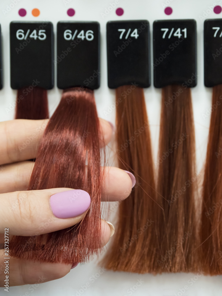 Fototapeta premium Selection of a shade of hair dye. Color of hair.