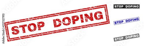 Grunge STOP DOPING rectangle stamp seals isolated on a white background. Rectangular seals with grunge texture in red, blue, black and gray colors.