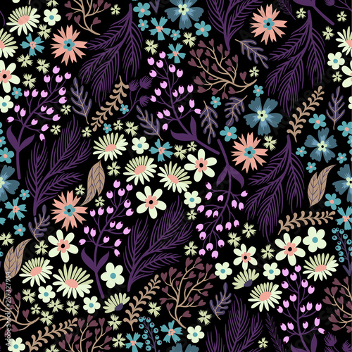 Seamless floral pattern with cute small ditsy flowers. Vector illustration. 