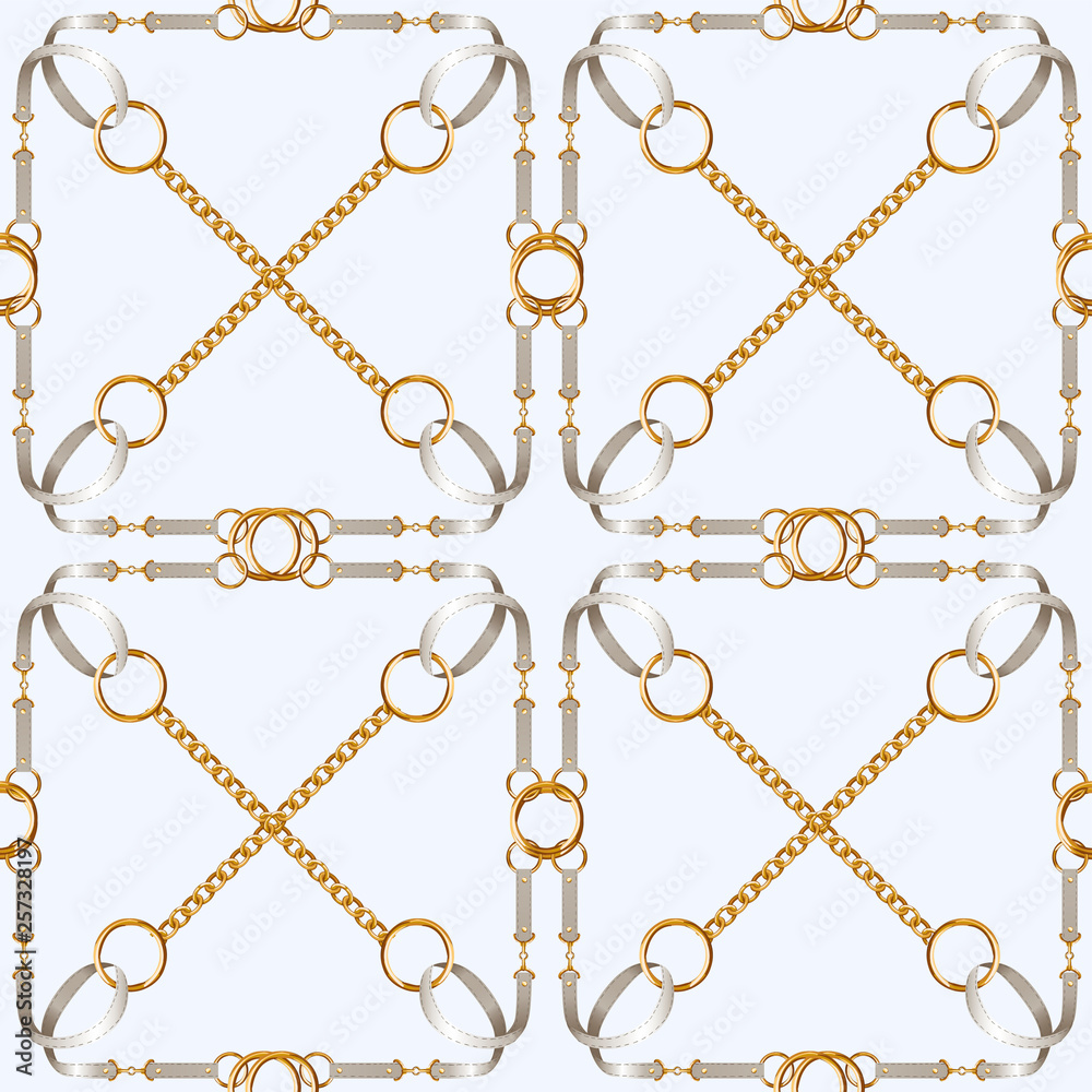 Seamless pattern with belts, chain and braid for fabric design. 