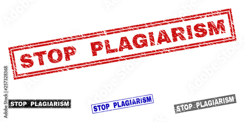 Grunge STOP PLAGIARISM rectangle stamp seals isolated on a white background. Rectangular seals with grunge texture in red, blue, black and grey colors.