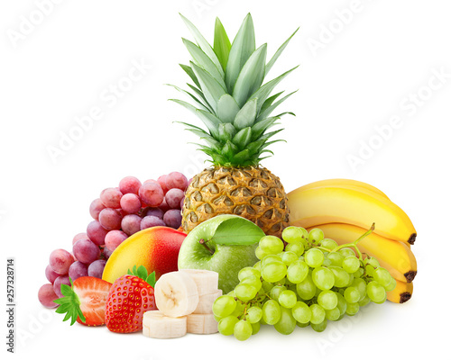 tropical fruits, pineapple, grapes, apple, banana, mango, strawberry, isolated on white background, clipping path, full depth of field