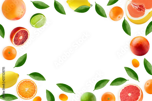 citrus isolated on white background, pomelo, grapefruit, orange, lemon, tangerine, lime, kumquat, flat lay, top view, copy space