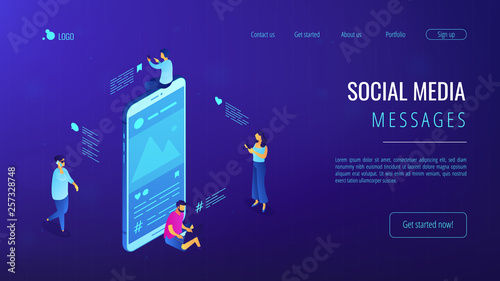 Social media messages isometric 3D landing page.