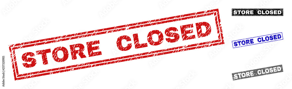 Grunge STORE CLOSED rectangle stamp seals isolated on a white background. Rectangular seals with grunge texture in red, blue, black and gray colors. Grunge STORE CLOSED rectangle stamp seals isolated on a white background. Rectangular seals with grunge texture in red, blue, black and gray colors.