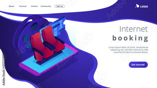 Buying tickets online isometric 3D landing page.