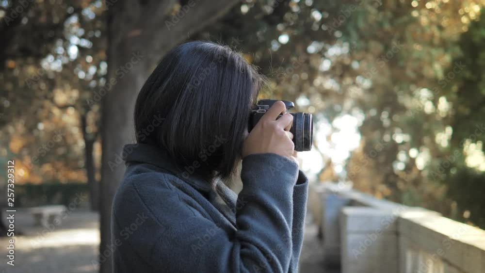 young Asian photographer takes photos at the park in spring. Art, nature young Asian photographer takes photos at the park in spring. Art, nature