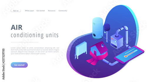 Heating system concept isometric 3D landing page.