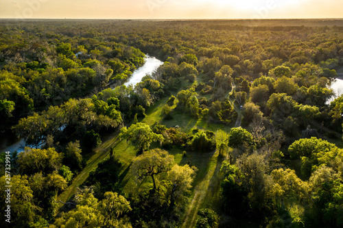 drone view of campground on a river