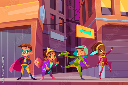 Superheros children on city street cartoon vector concept with happy smiling, multiethnic boys and girls in fantasy or fairy tale costumes, playing and having fun outdoor illustration. Costumed party