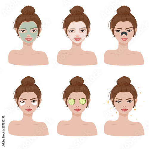 beautiful woman spa face collection vector illustration