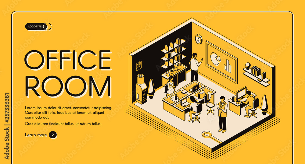 Business workplace organization and design isometric vector web banner. Company employees or entrepreneurs working together in comfortable office room illustration. Co-working center landing page - obrazy, fototapety, plakaty 