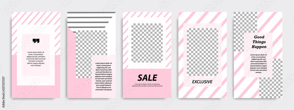 Modern minimal square stripe line shape template in pink and white color with frame. Corporate advertising template for social media stories, story, business banner, flyer, and brochure.