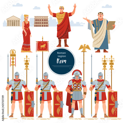 Set in ancient Rome illustration historic army infantrymen in full armor with shields.