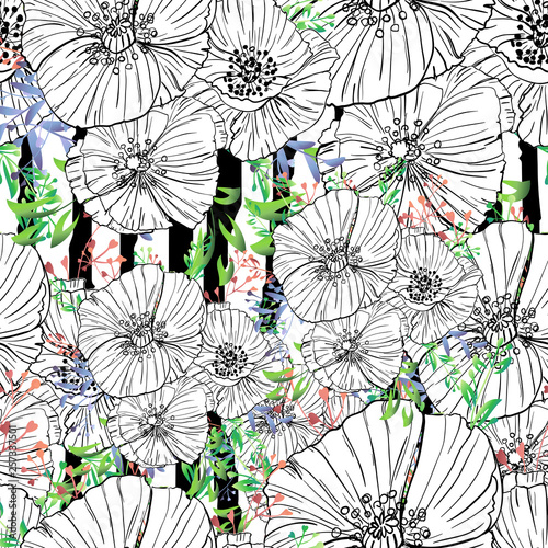 seamless wild flower poppies. Botanical herb fabric surface pattern design